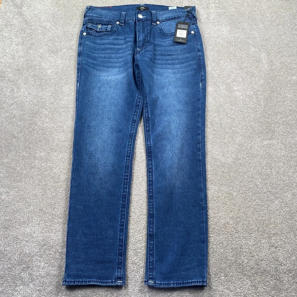 True Religion Geno Relaxed Slim Jeans Mens 36 Blue Big T Flap Pocket Denim